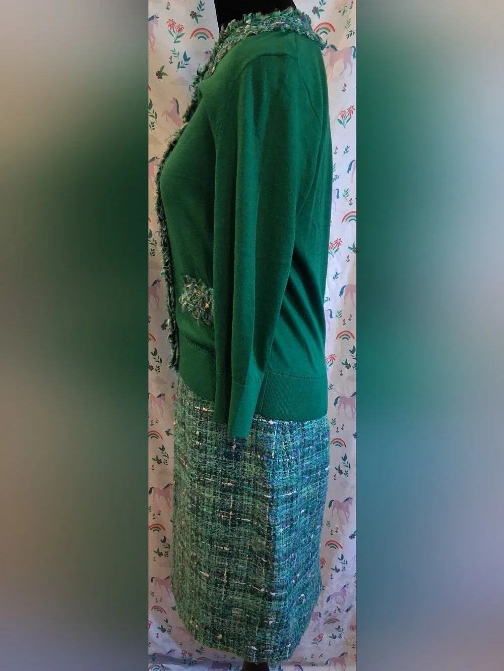 NWOT Kate Spade Green Silk & Cotton Knit Tweed Cardigan & Skirt Suit Set SZ M